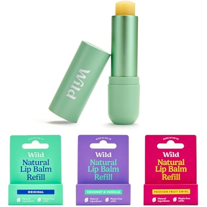WILD NATURAL REFILLABLE LIP BALM STARTER KIT - INCLUDES SAGE GREEN ALUMINIUM CASE & 3 PACK LIP BALM REFILLS IN ASSORTED FRAGRANCES - PASSIONFRUIT, COCONUT & VANILLA & ORIGINAL - Image 1